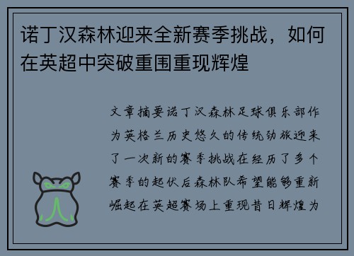 诺丁汉森林迎来全新赛季挑战，如何在英超中突破重围重现辉煌