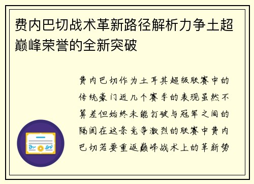 费内巴切战术革新路径解析力争土超巅峰荣誉的全新突破